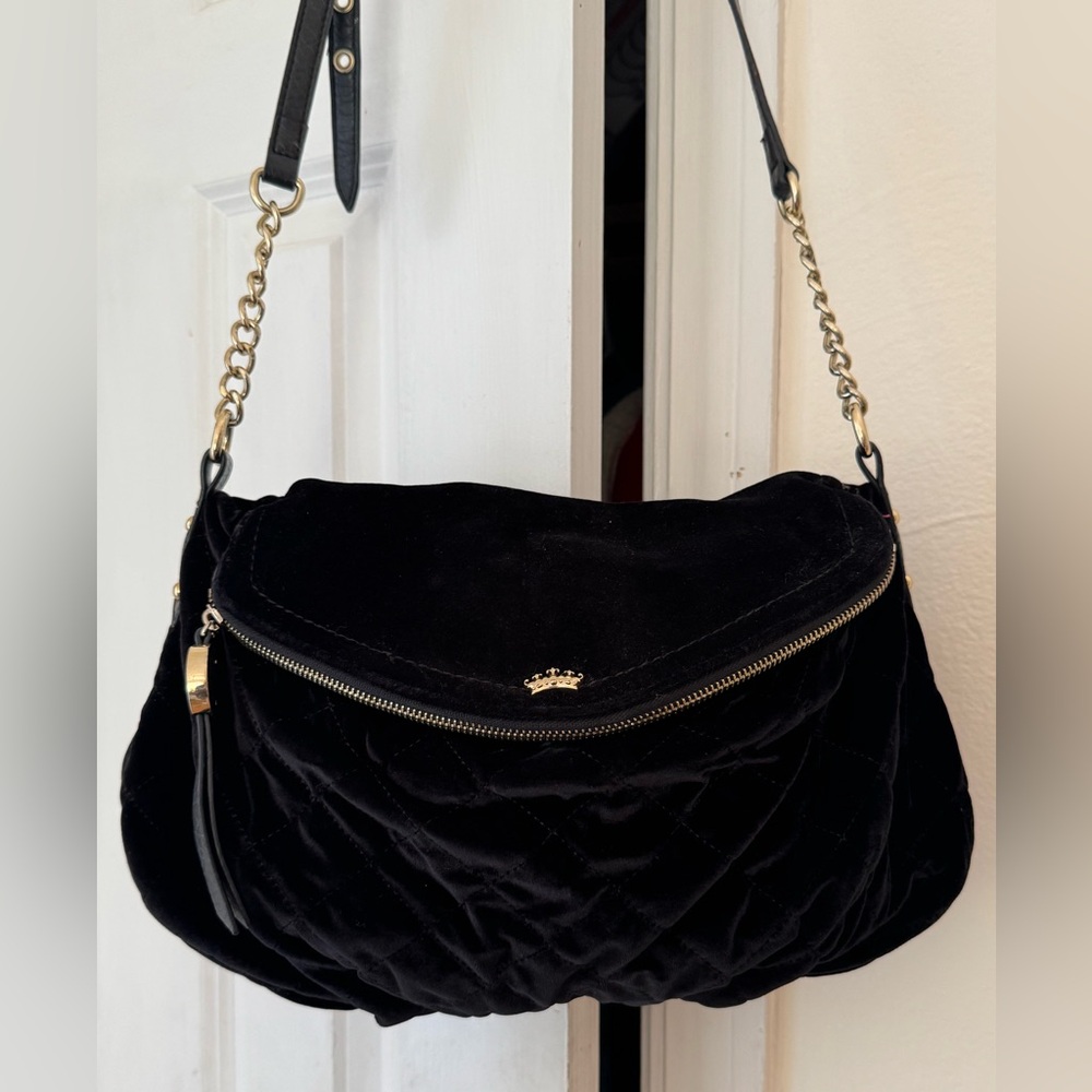 Juicy Couture Black Velvet Fold-over Mini Traveler Crossbody Shoulder Bag